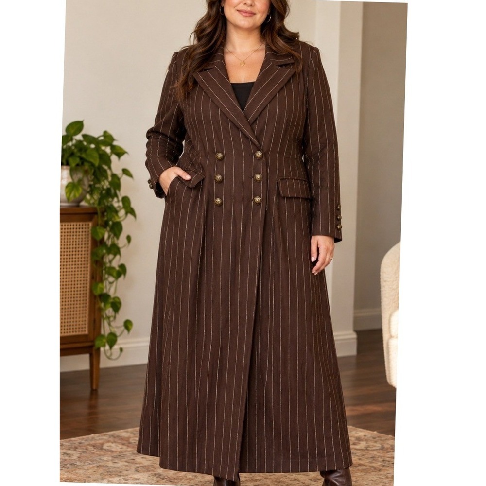 Soncy Pinstripe Maxi Coat Women Plus Size 3 (22-24) Cotton Brown Fall Fashion
